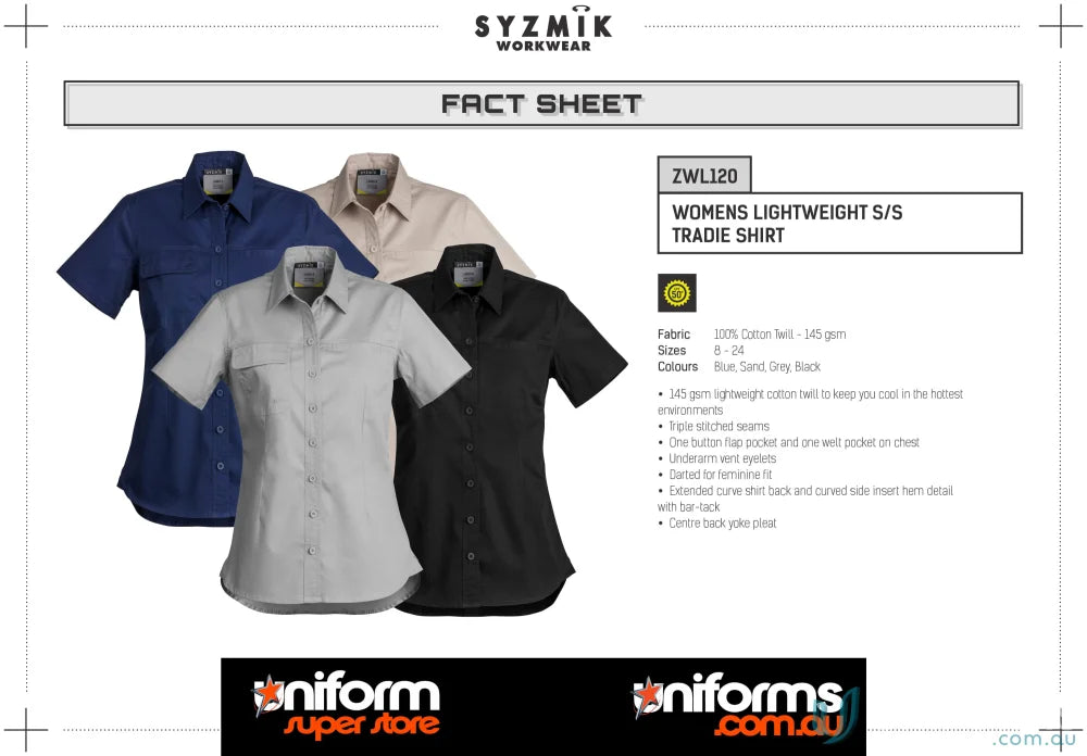 Syzmic womens lightweight cotton twill work shirt with feminine fit short sleeve