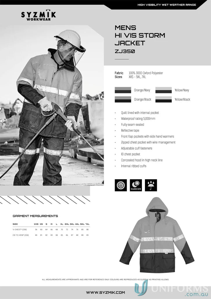 Hi-vis storm jacket from Syzmik Day/Night Quilt with chest pocket quilt lined storm style