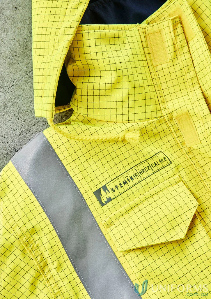 Yellow grid-patterned hooded jacket with reflective stripe from Syzmik ZJ900 waterproof jacket collection