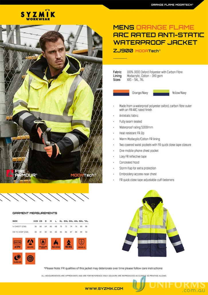 Syzmik ZJ900 waterproof jacket, men’s orange flame arc rated antistatic waterproof coat