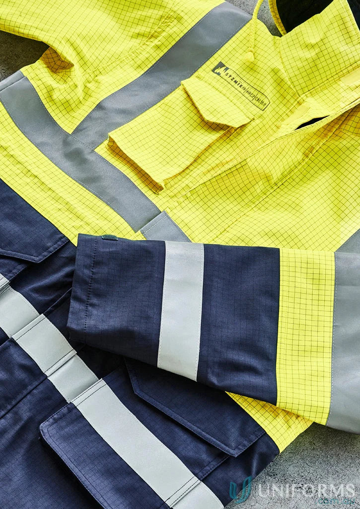 High-visibility men’s orange flame arc rated antistatic Syzmik ZJ900 waterproof jacket