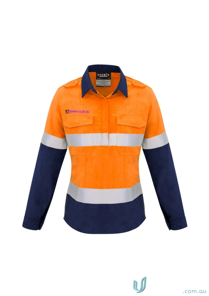 Orange and navy blue hi-vis hooped taped spliced shirt from Syzmik Fire Armour zw131