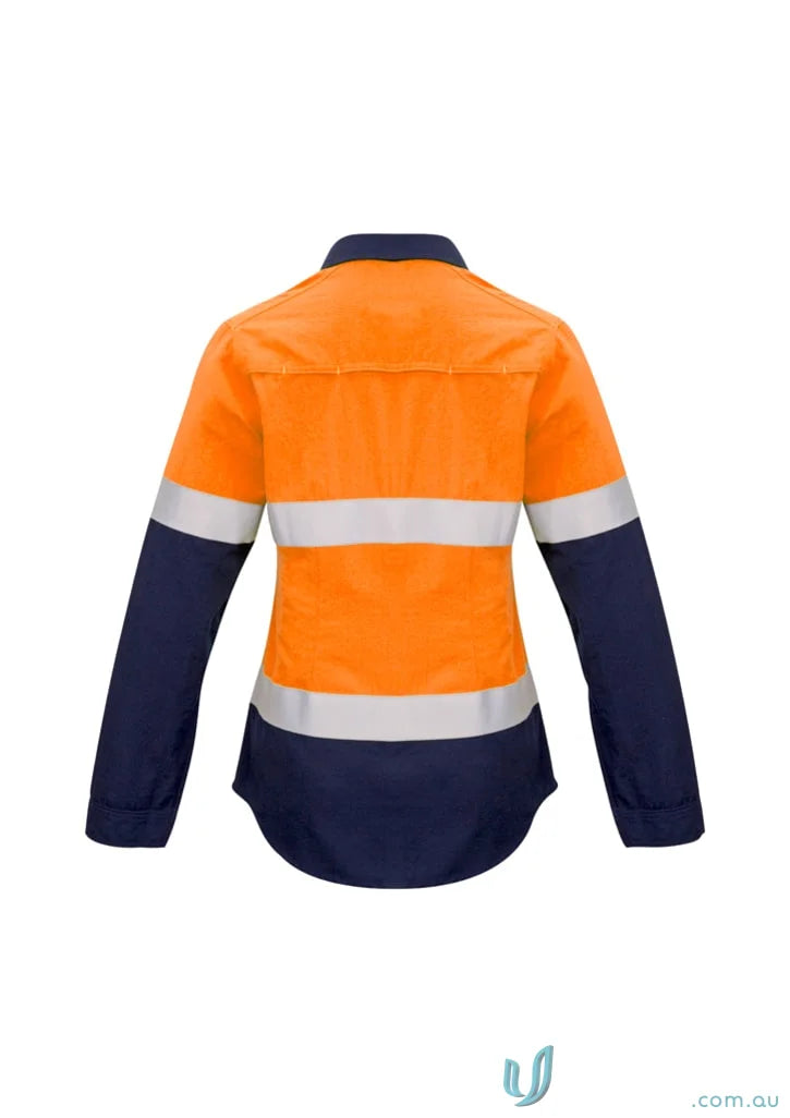 Orange and navy blue hi-vis taped spliced shirt from Syzmik Fire Armour Ladies Hooped Spliced Shirt zw131