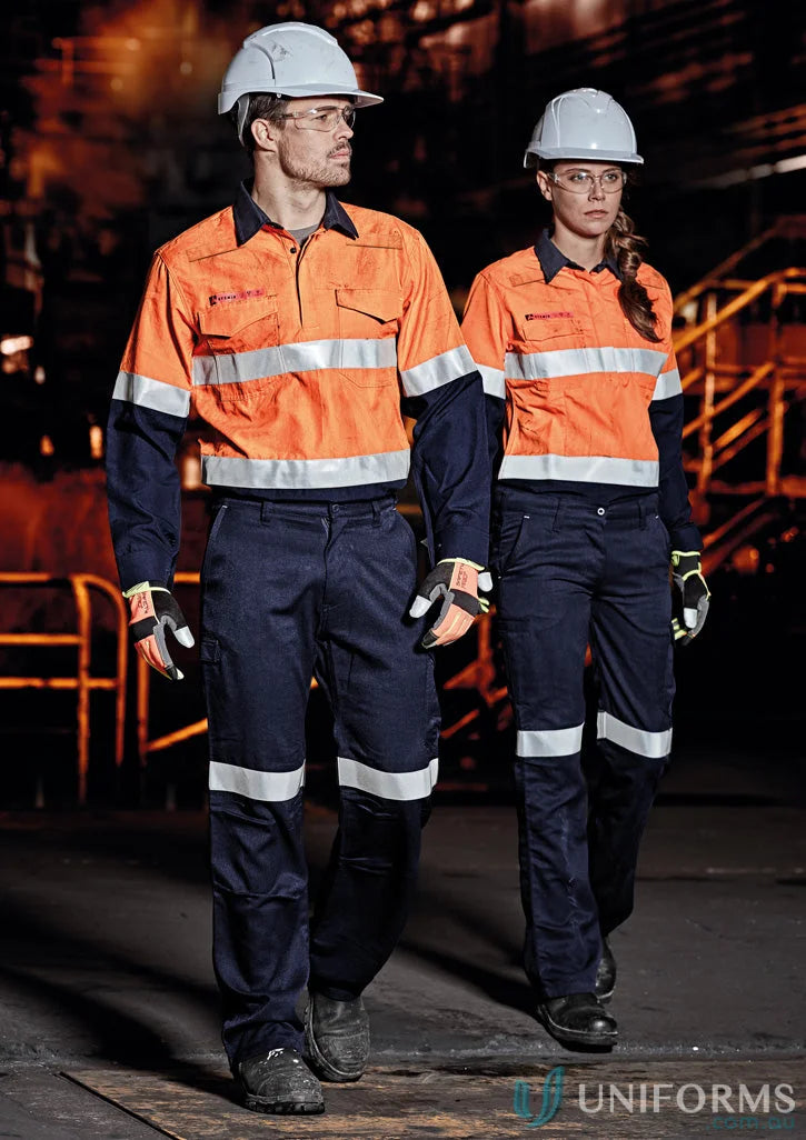 Two people wearing Syzmik Fire Armour Ladies Closed Front Hoop Taped Spliced Shirt