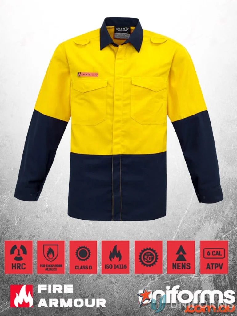 Two-tone fire-resistant vis spliced shirt with FR-rated mesh for safety workwear