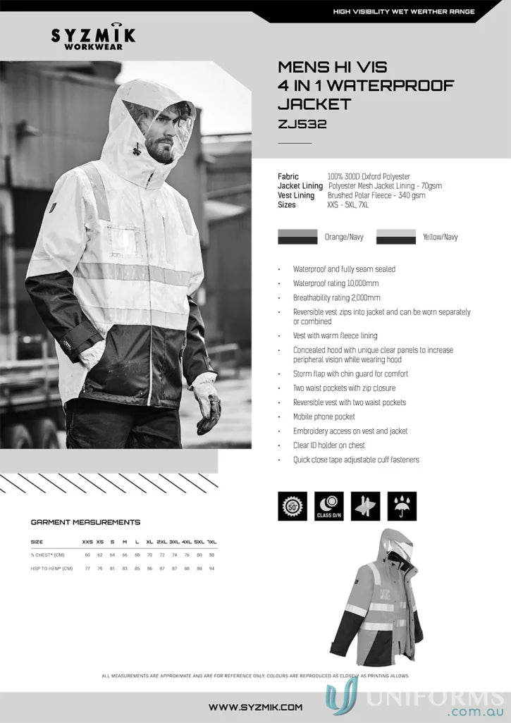 Syzmik Men’s HiVis Waterproof Jacket ZJ532 for outdoor work and safety