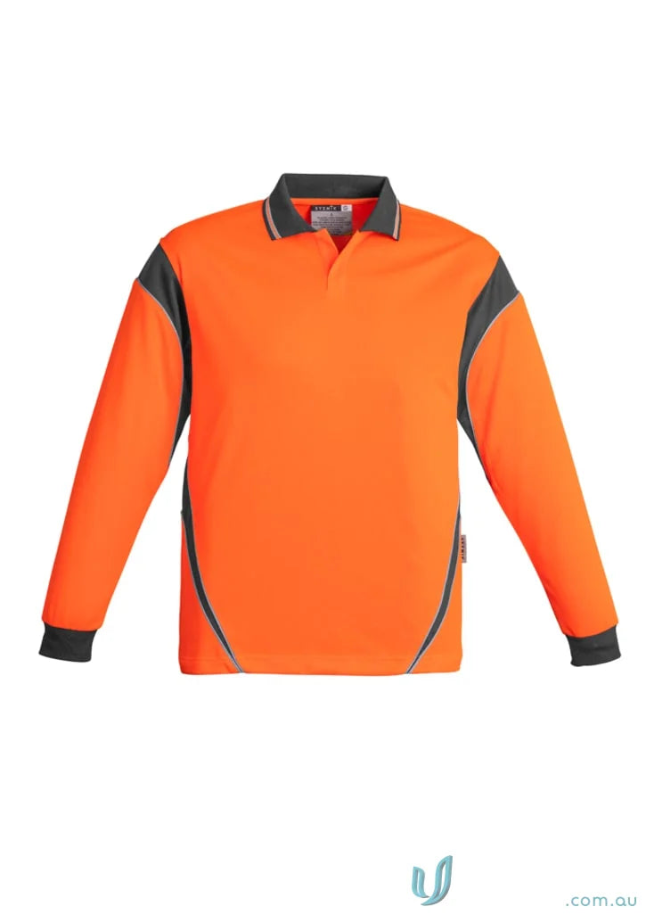 Orange and gray Syzmik men’s Vis Aztec Long Sleeve Polo Shirt for men