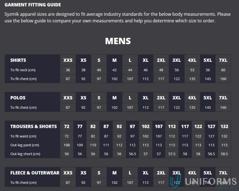 Men’s garment fitting guide for Syzmik HiVis Cotton Drill Jacket ZJ590 with flannel lining