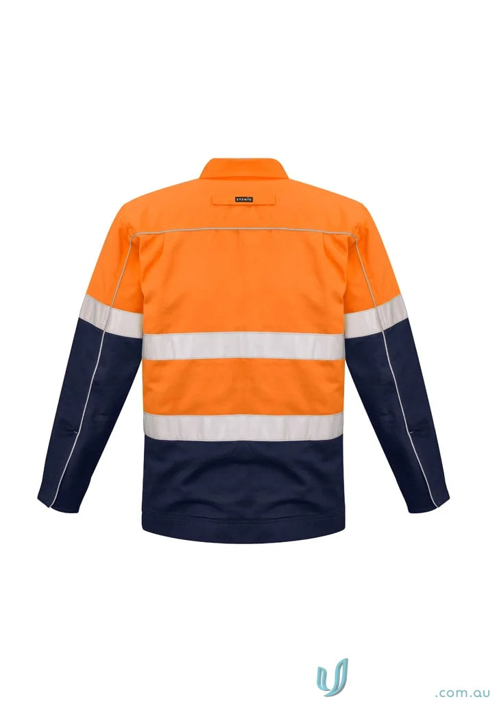 Orange and navy blue high-vis work shirt from Syzmik HiVis Cotton Drill Jacket with flannel lining
