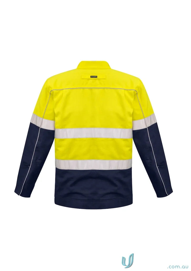 Yellow and navy blue reflective safety jacket Syzmik HiVis Cotton Drill Jacket ZJ590 with flannel lining