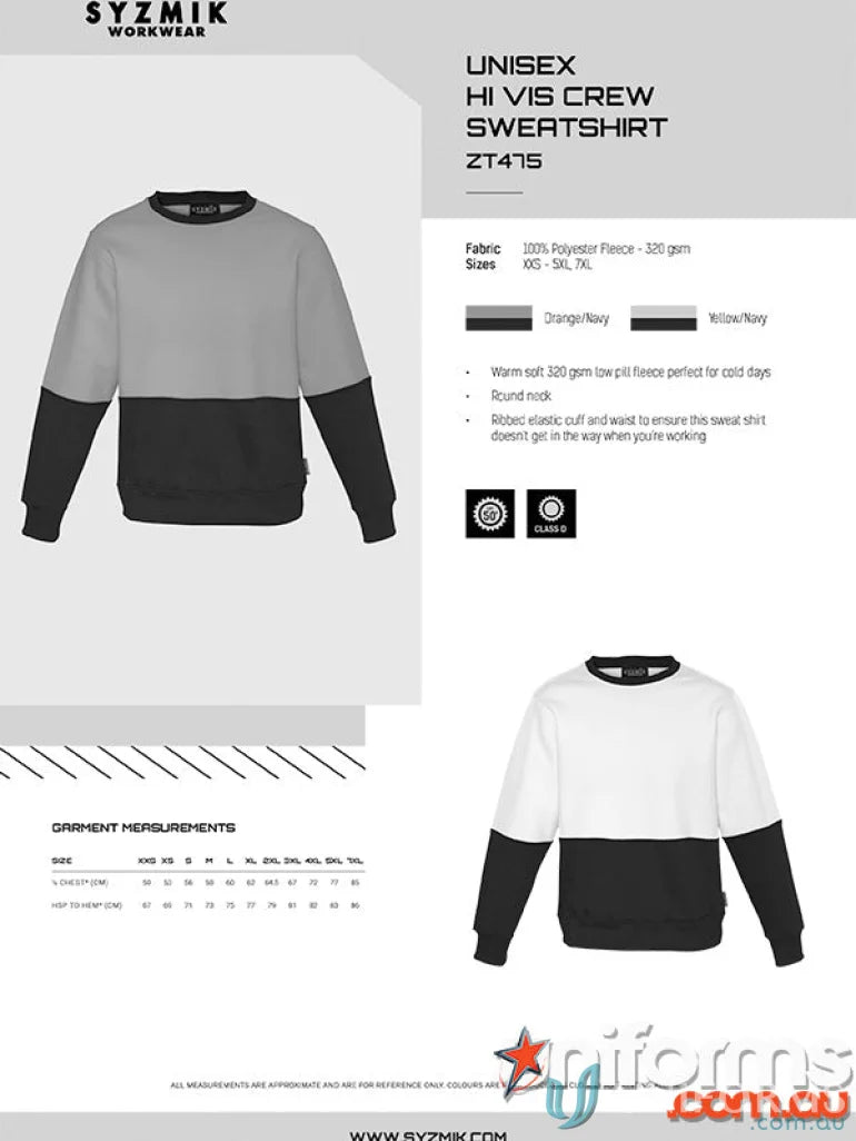 Unisex Syzmik HiVis Crew Sweatshirt for cold conditions, perfect vis crew sweatshirt