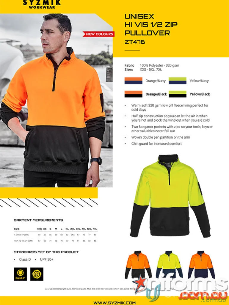 Syzmik HiVis Half Zip Pullover ZT476 for chilly workdays and high visibility safety