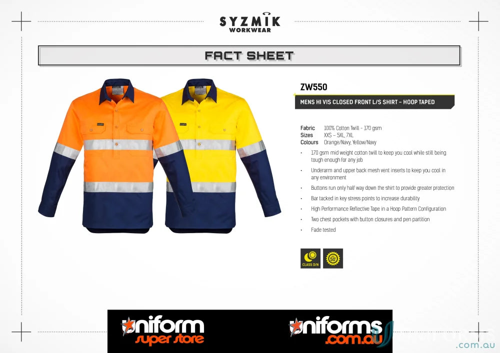 Syzmik Men’s Closed Hi-Vis Work Shirt with Mesh Vent Inserts, model ZW550