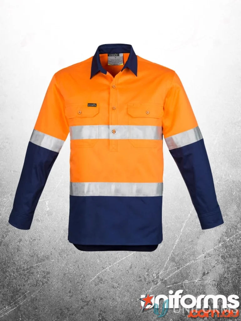 Orange and blue long-sleeved work shirt with mesh vent inserts SYZMik men’s closed shirt zw550