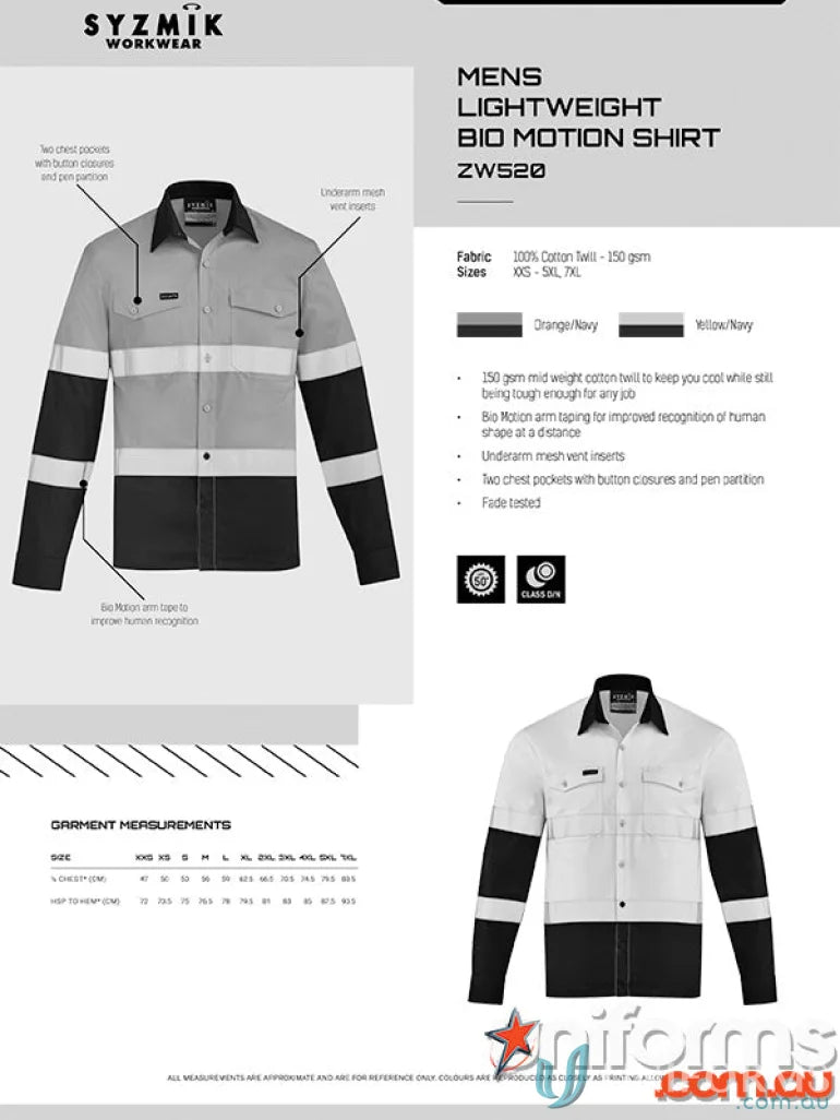 Men’s lightweight bio motion Syzmik HiVis L/S shirt with motion arm taping