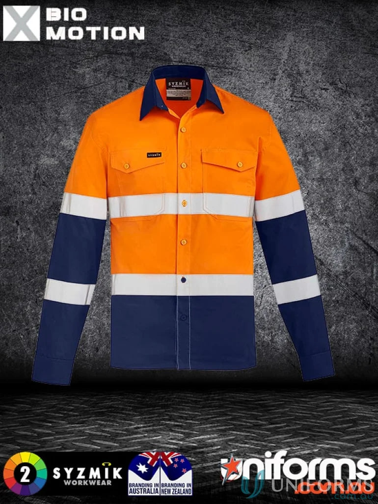 Orange and navy blue lightweight bio motion Syzmik men’s long-sleeve work shirt