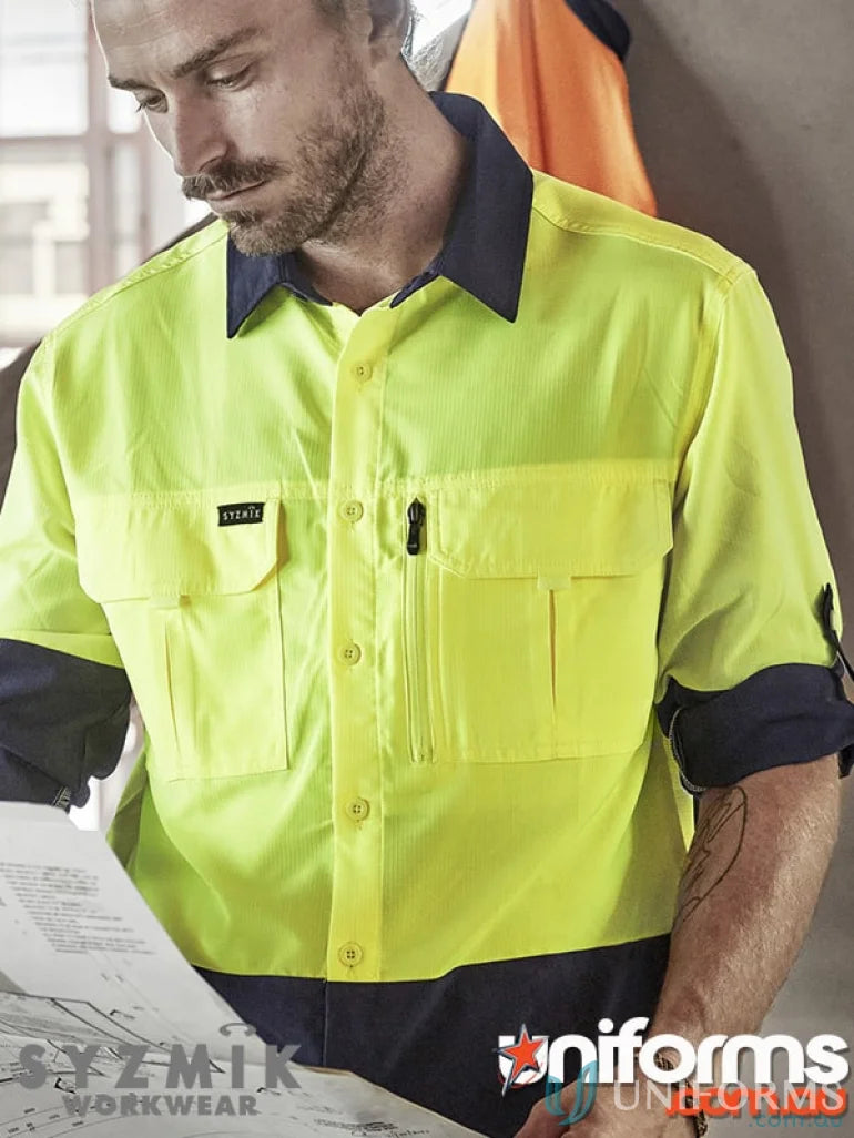 High-visibility outdoor long sleeve shirt with ripstop fabric and sun protection features