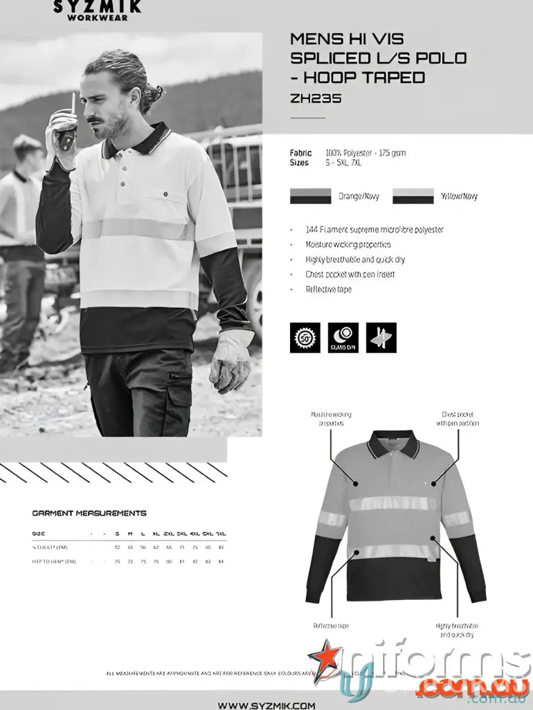 Syzmik Men’s Vis Spliced Long Sleeve Hoop Taped Work Shirt for high visibility safety