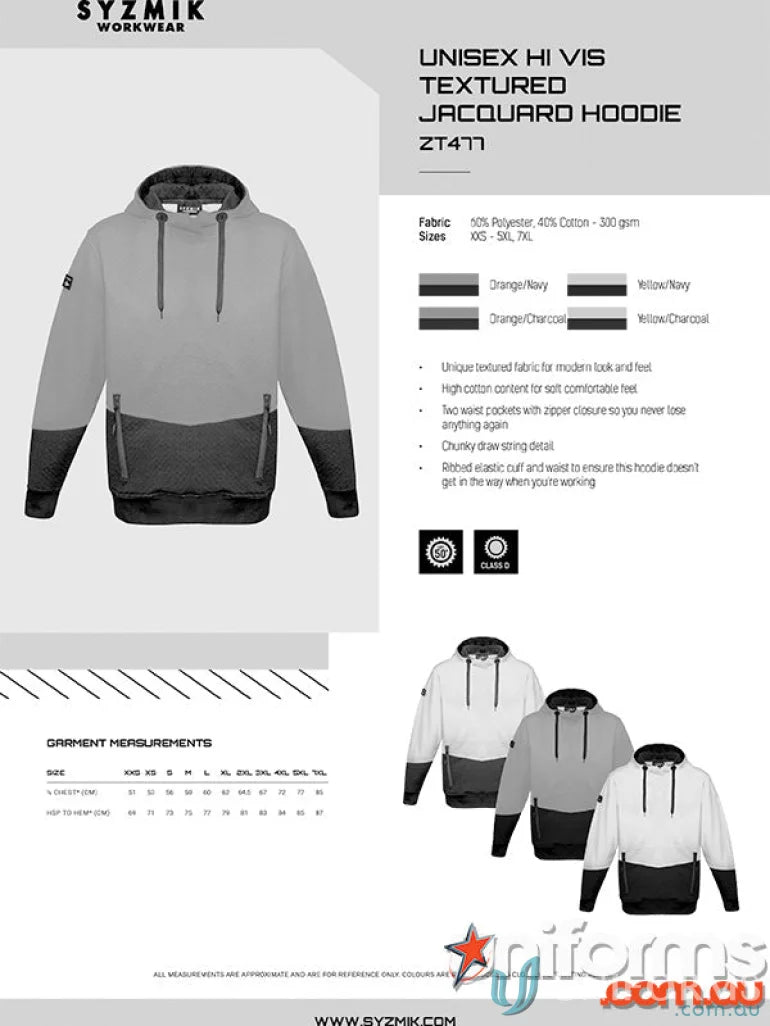 Syzmik unisex textured jacquard hoodie showcasing zipper detail and vibrant design