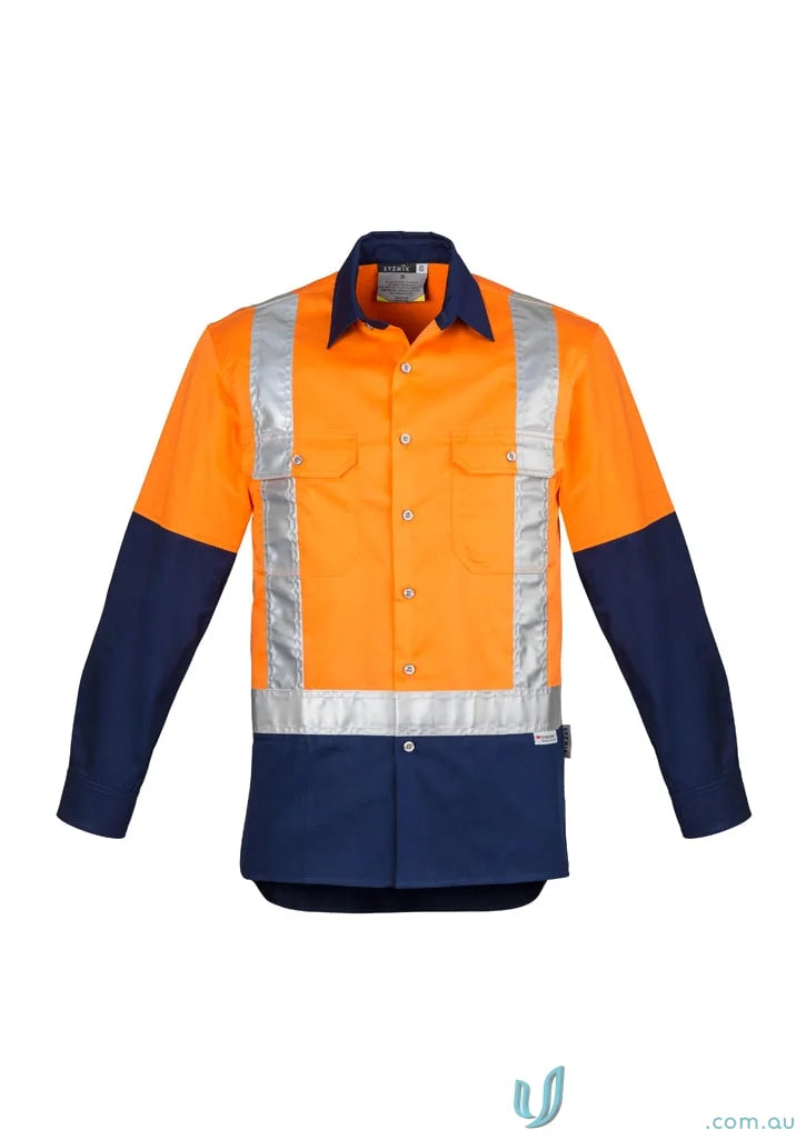 Orange and navy blue syzmik men’s industrial shoulder taped zw124 work shirt with reflective tape