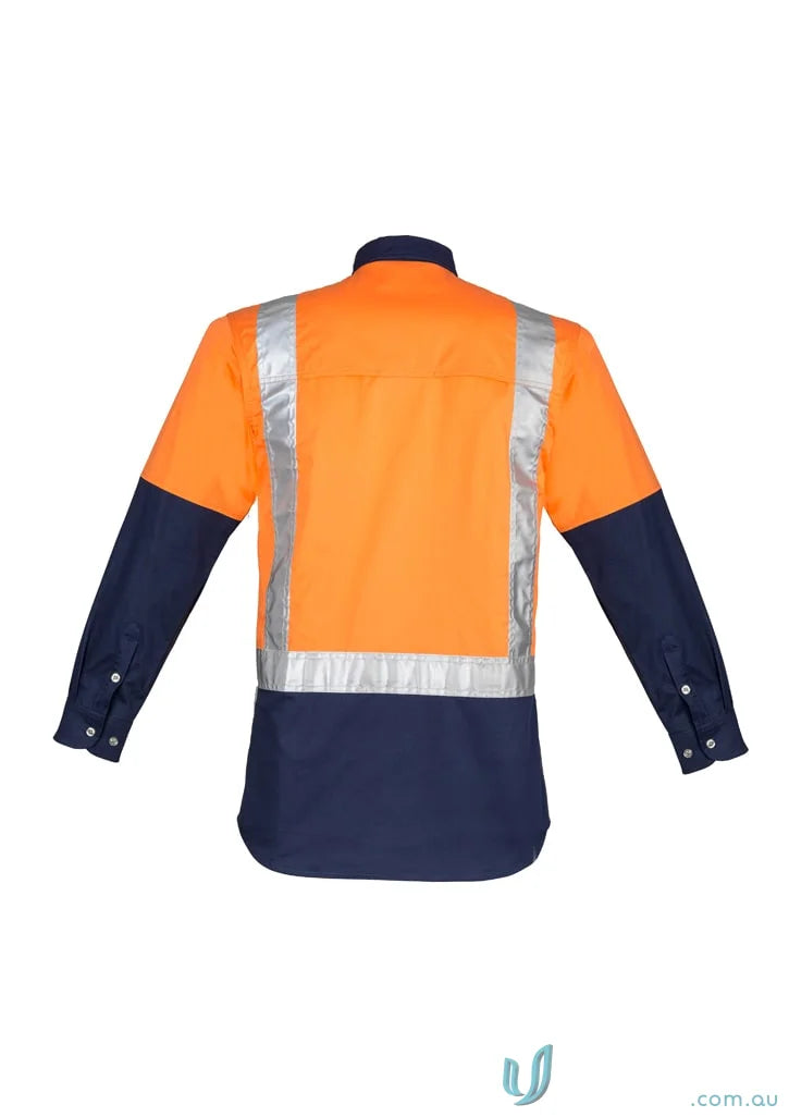 Orange and navy blue Syzmik men’s industrial long sleeve shirt with reflective tape and shoulder taped zw124