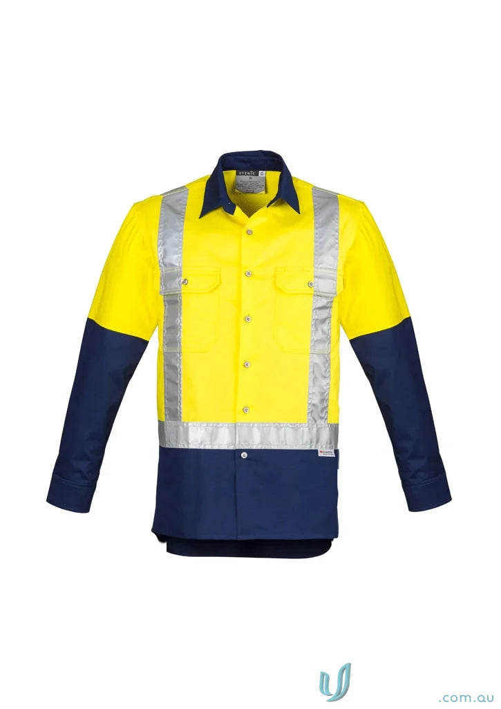 Yellow and blue syzmik men’s industrial long sleeve shirt with shoulder taped zw124 and reflective tape