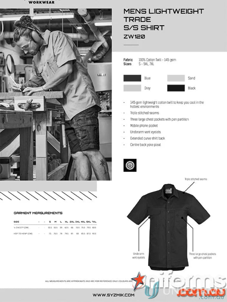 Syzmik men’s lightweight tradie short sleeve shirt SS Zw120 perfect for work