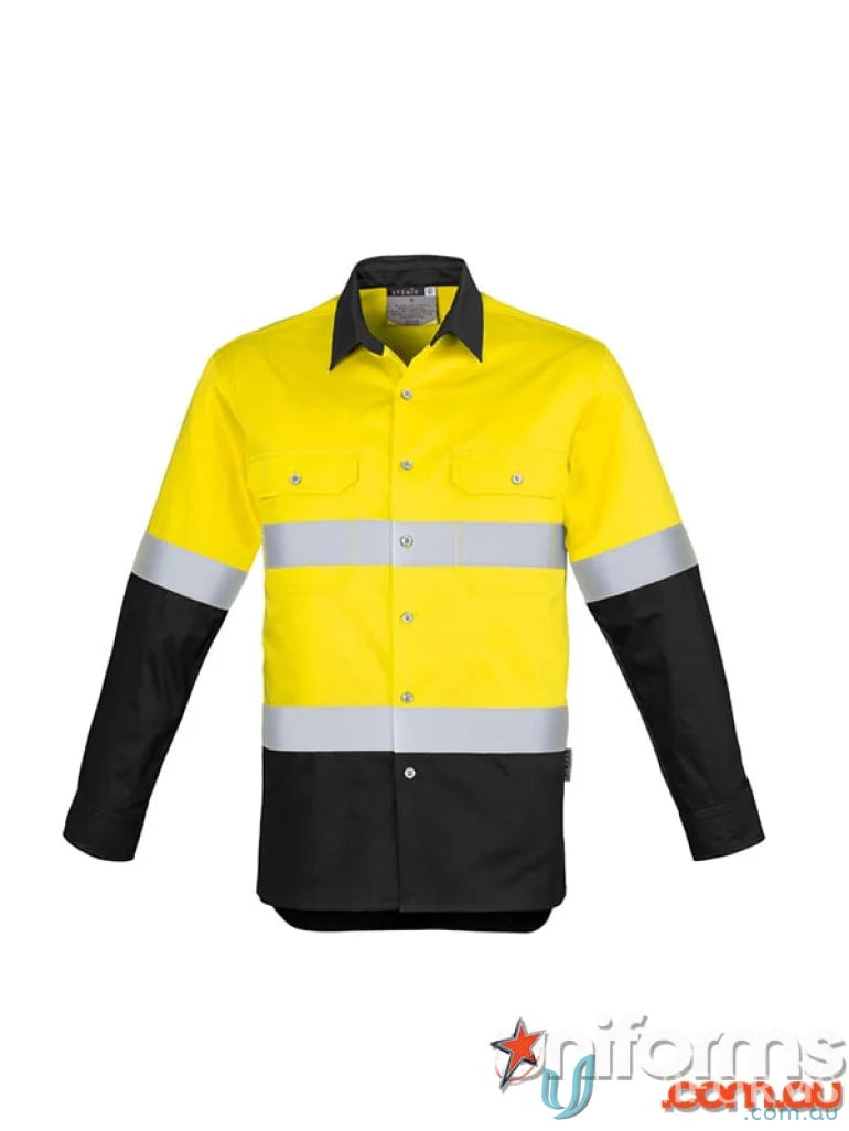 Yellow and black syzmik men’s industrial long sleeve shirt with hoop taped zw123 for demanding work environments