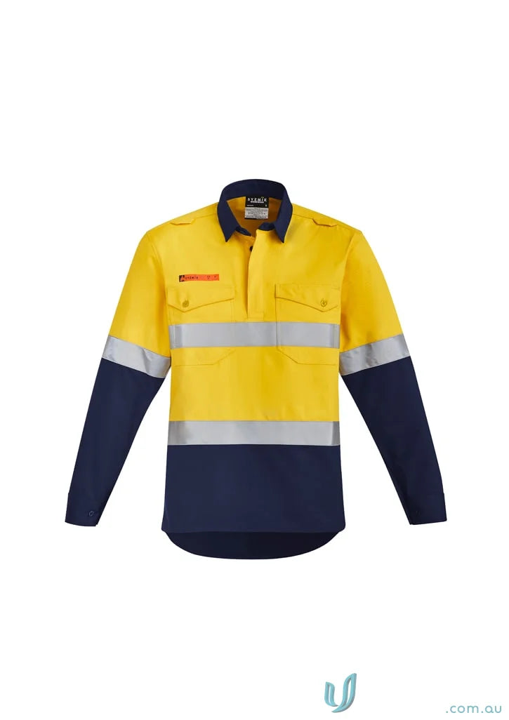 Yellow and blue long-sleeved work shirt with reflective stripes and two chest pockets