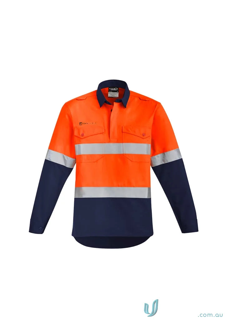 Syzmik men’s orange long-sleeve work shirt with two chest pockets and 7cal protection