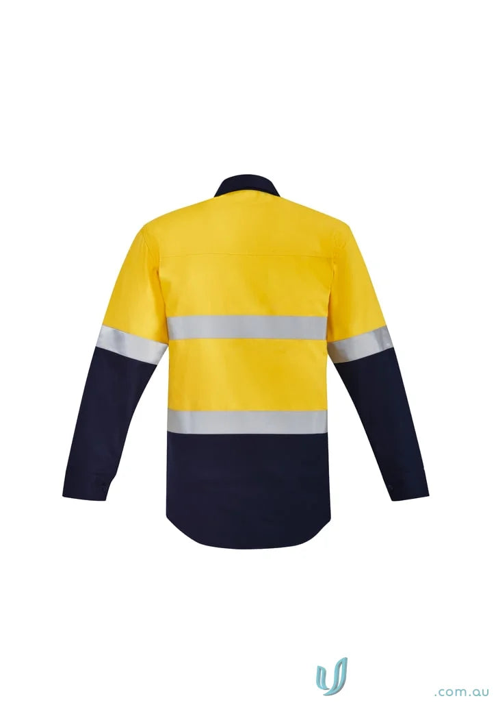 Yellow and navy long-sleeved work shirt with two chest pockets and syzmic men’s orange style