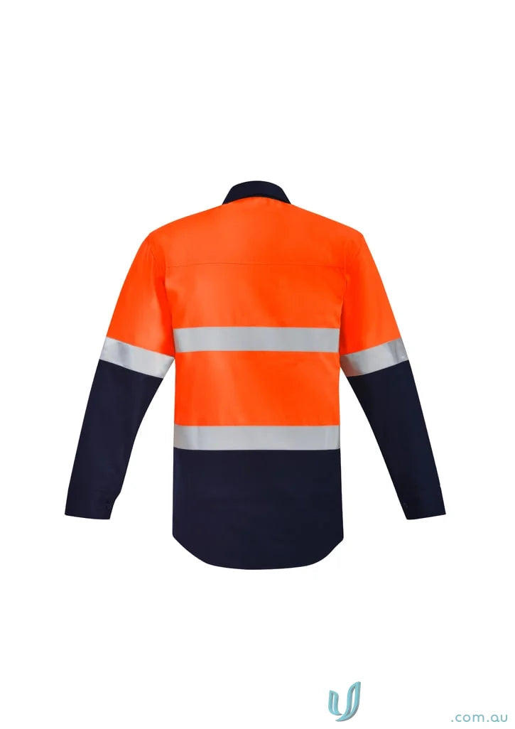 Orange and navy blue Syzmik Men’s Orange safety shirt with two chest pockets and 7cal protection