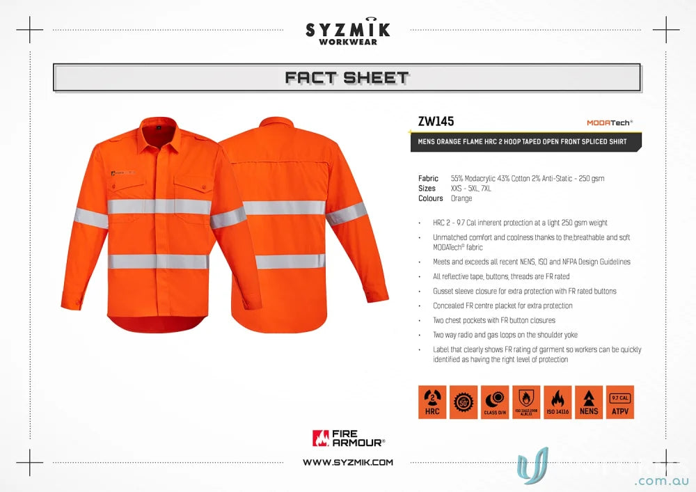 Syzmik men’s orange long-sleeved flame HRC shirt offers superior protection