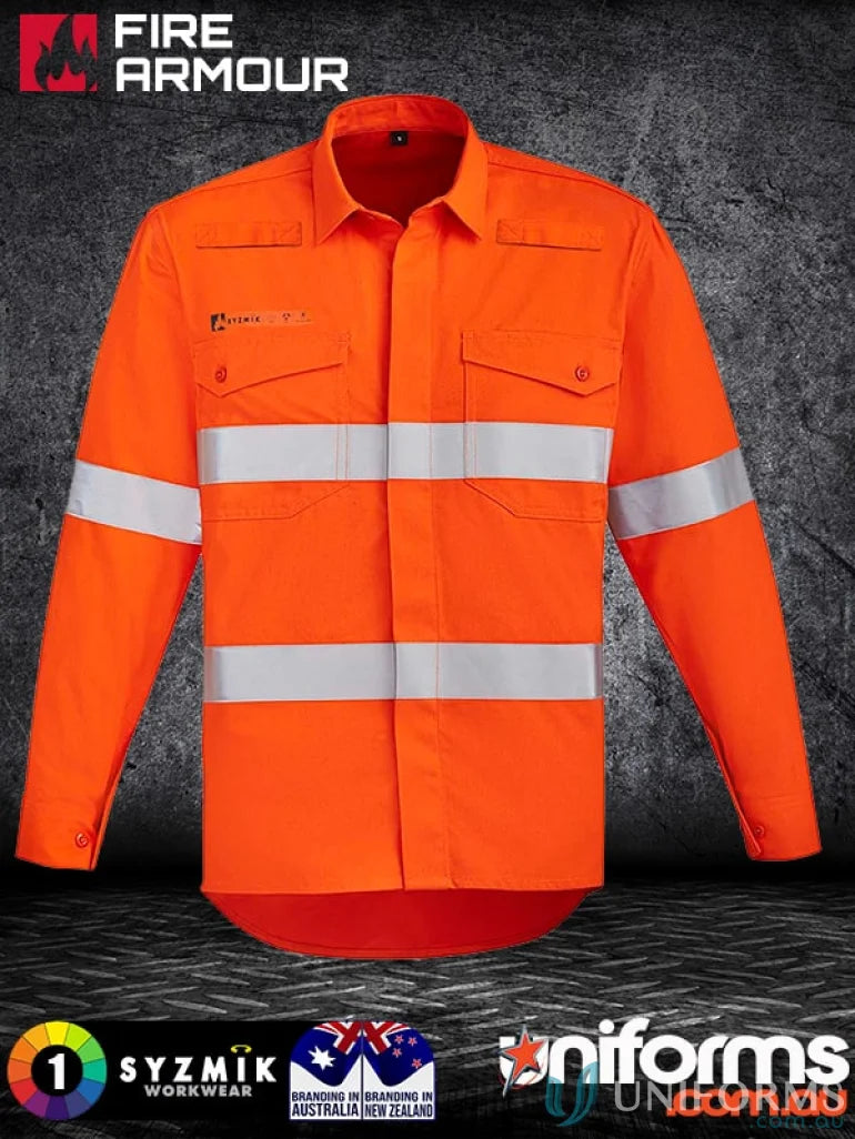 Syzmik men’s orange long-sleeved shirt with reflective stripes for orange flame HRC offers superior protection