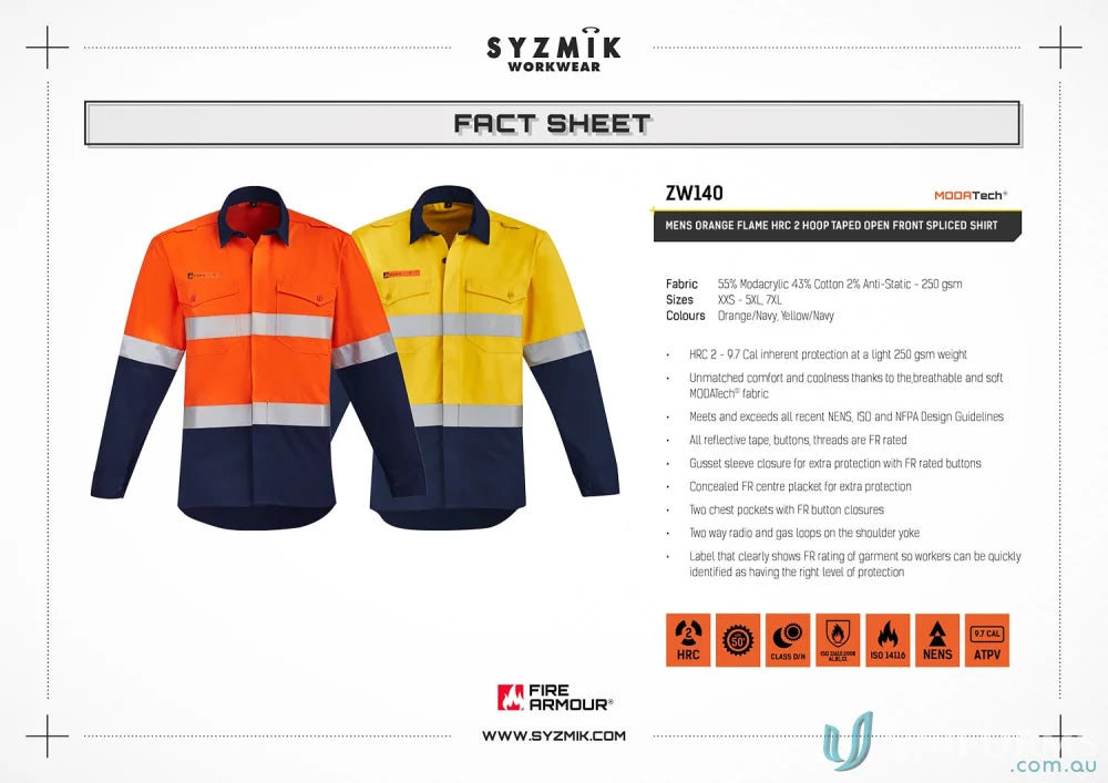 Two-toned men’s orange flame hi-vis spliced work shirt in Syzmik Orange Flame HRC 2