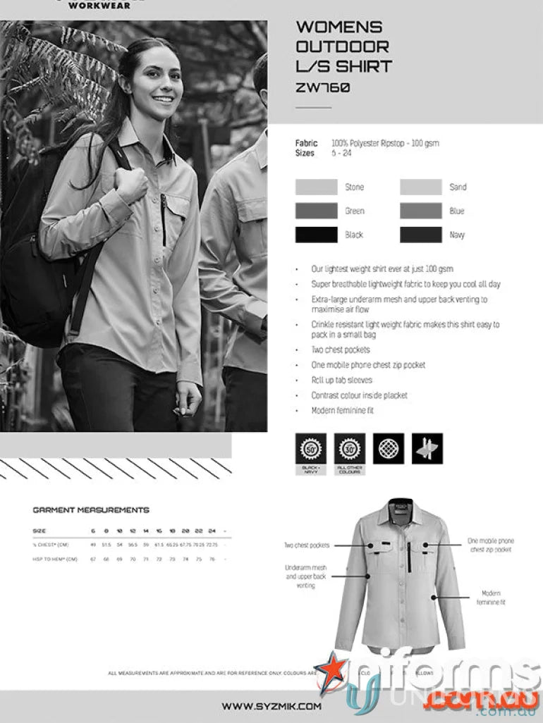 Syzmik Women’s Outdoor Long Sleeve Shirt with chest pockets and roll-up sleeves, size 6-24