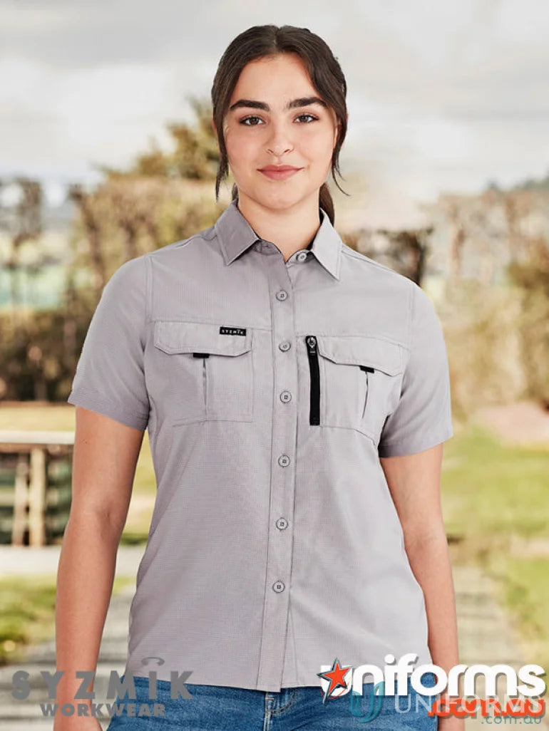 Gray syzmik outdoor ladies women’s outdoor short shirt with feminine fit