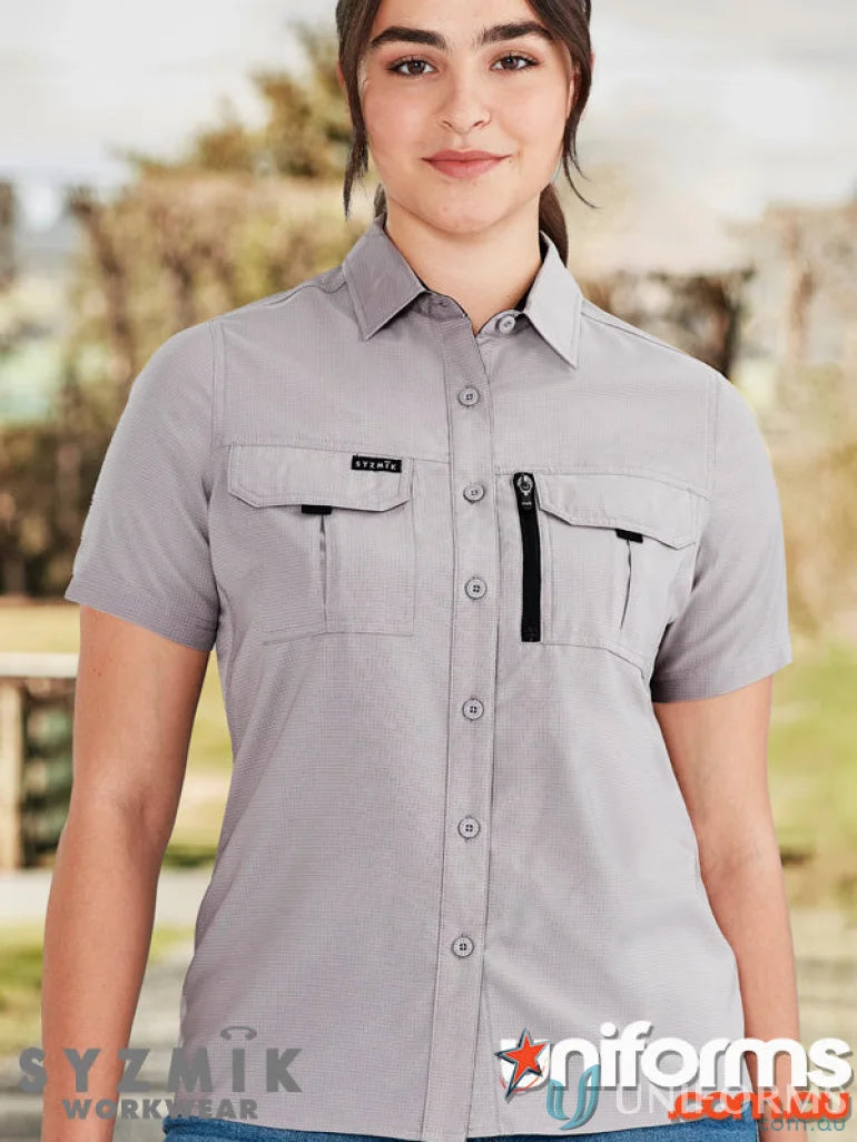 Gray Syzmik Outdoor Ladies short-sleeve shirt with feminine fit for women’s outdoor wear