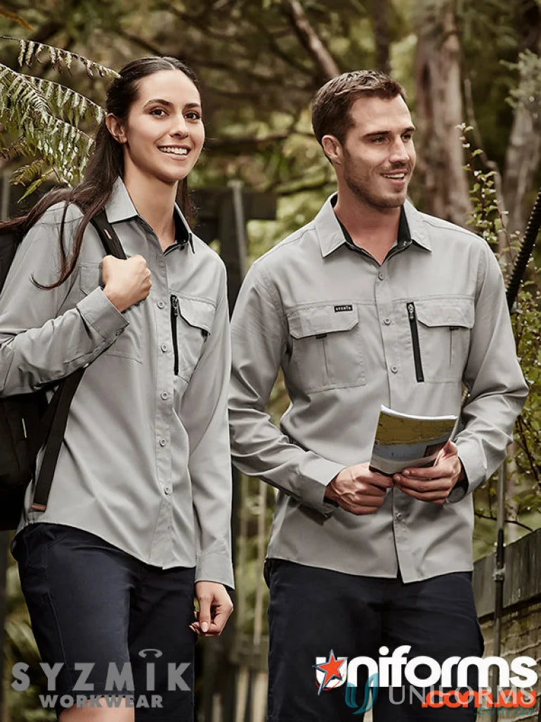 Two men wearing Syzmik Outdoor LS Shirts in gray, perfect for men’s outdoor long adventures