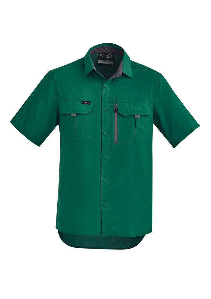 Syzmik outdoor short sleeve shirt with green short sleeves, button-up and zipper pocket