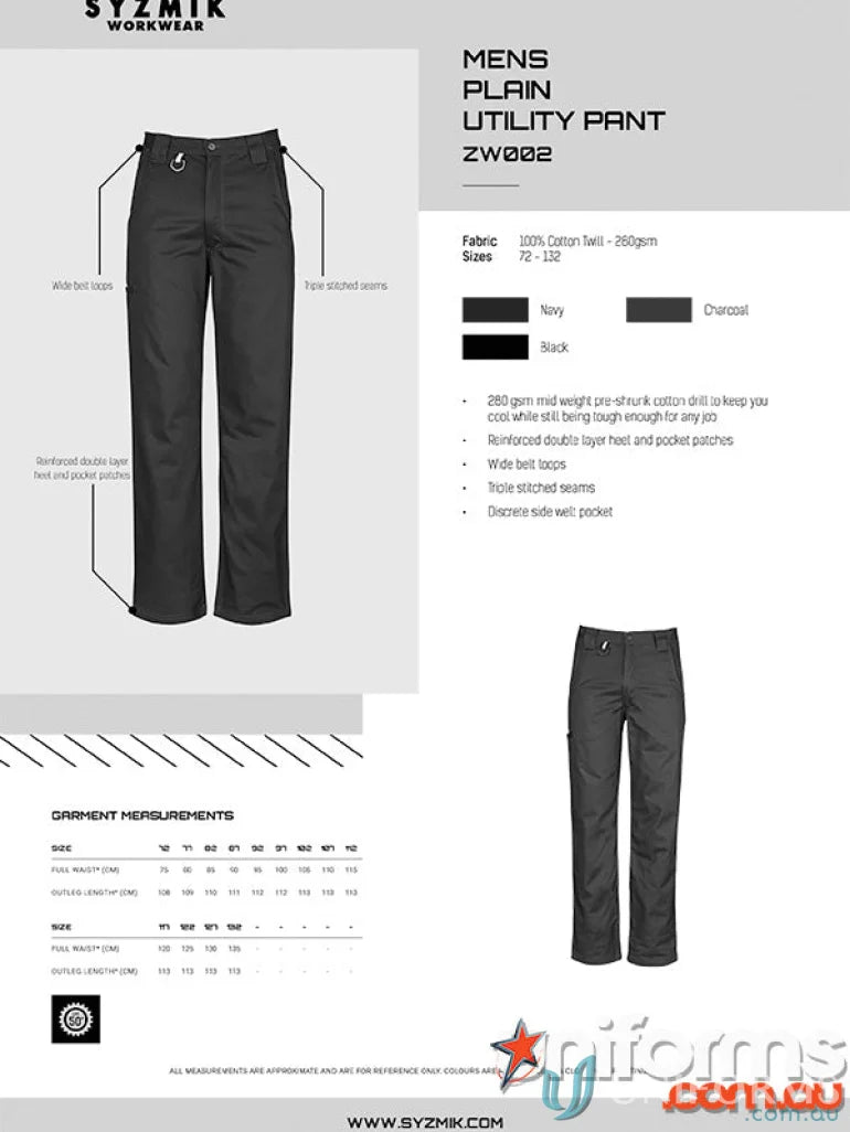 Syzmik Men’s Plain Utility Pants zw002 with wide belt loops for casual style