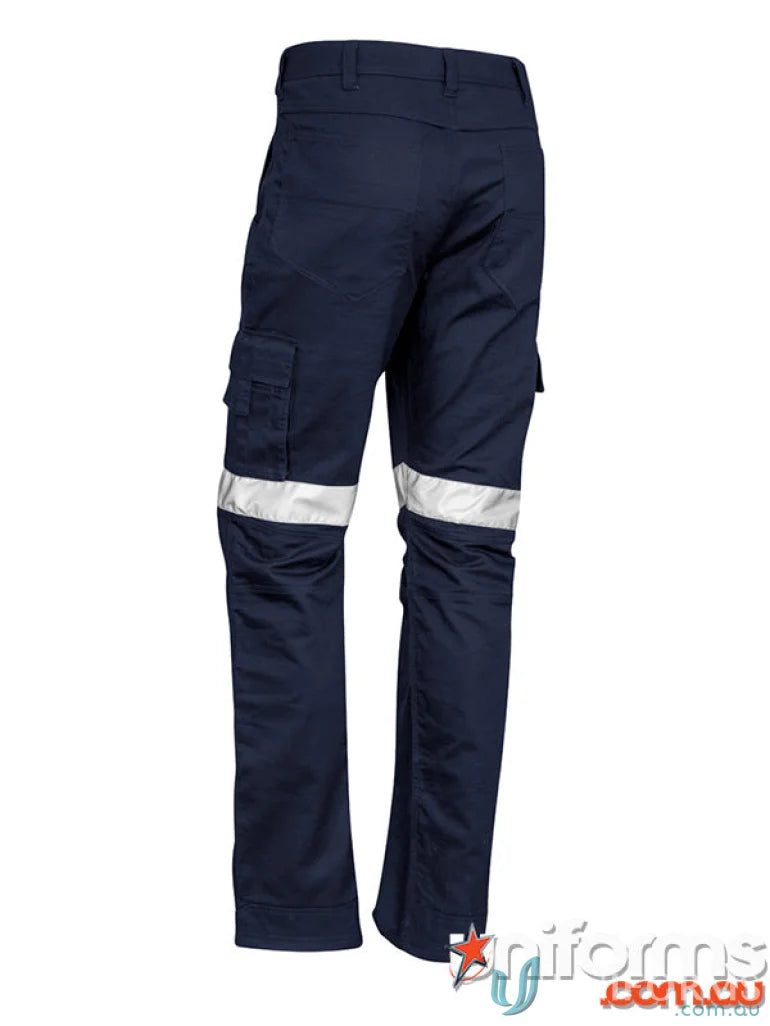 Navy blue men’s rugged cooling taped work pants with reflective stripes and mechanical stretch fabric