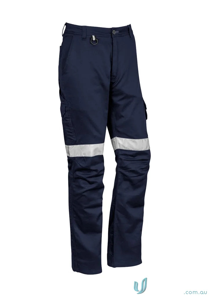 Navy blue men’s rugged cooling taped cargo pant with reflective stripes and mechanical stretch fabric