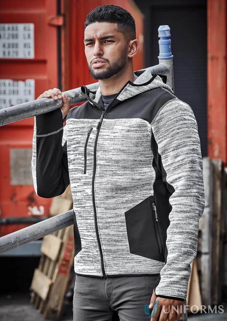 Man in Syzmik Streetworx Reinforced Knit Hoodie ZT360 wearing gray and black hoodie