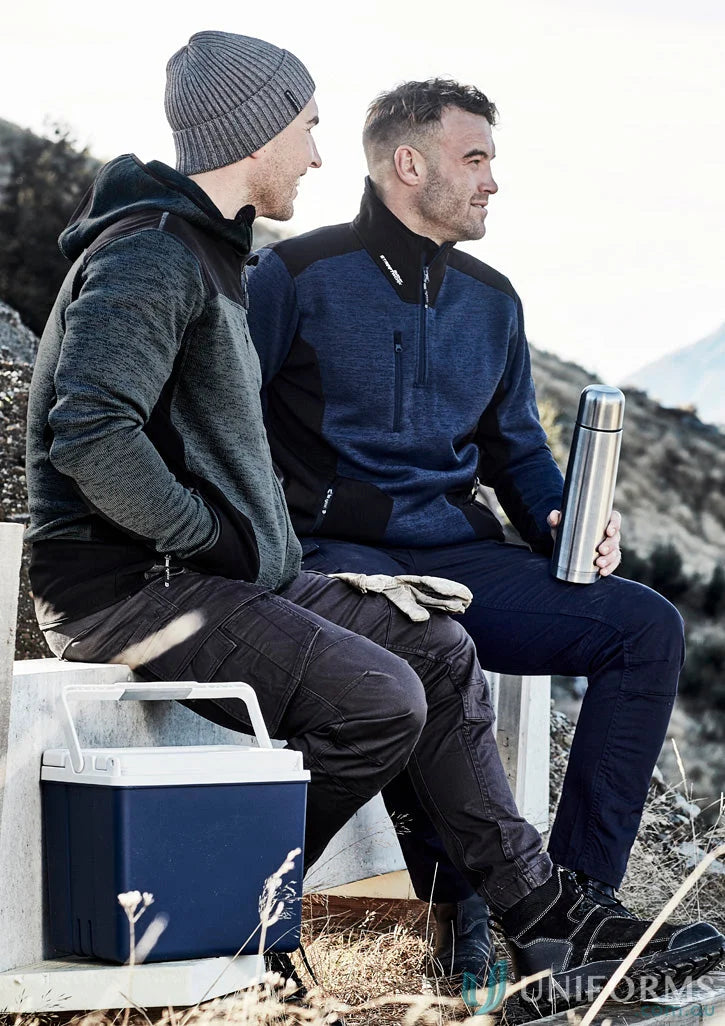 Two men in outdoor gear wearing Syzmik Streetworx Reinforced Knit Hoodie ZT360