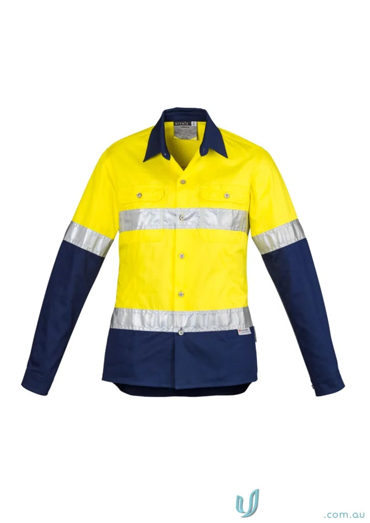 Syzmik women’s industrial long shirt with yellow navy blue color and mesh vent inserts