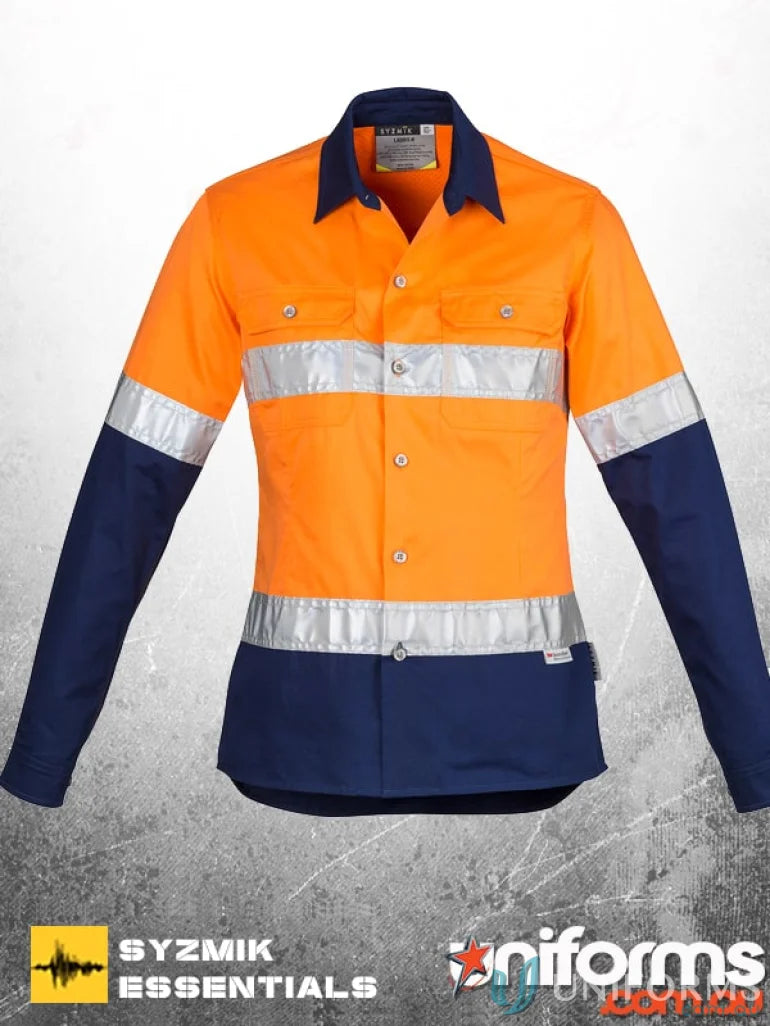 Syzmik women’s industrial long shirt with orange navy contrast and reflective stripes