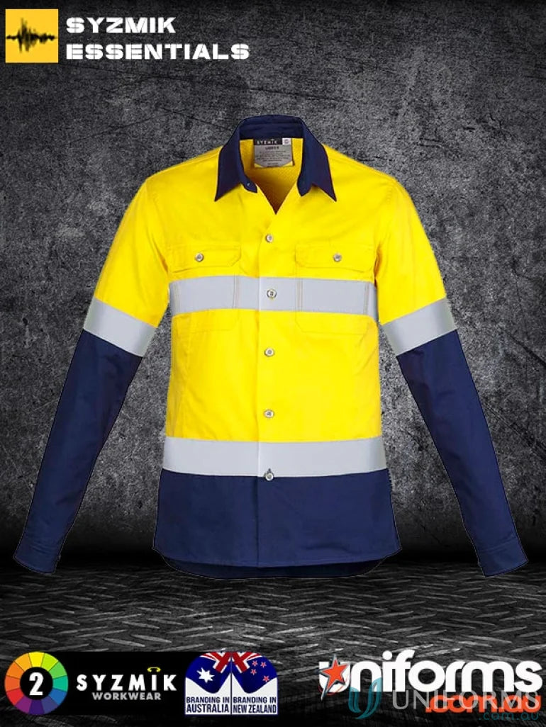 Yellow and navy blue women’s industrial work shirt with mesh vent inserts from Syzmik Women’s Industrial line