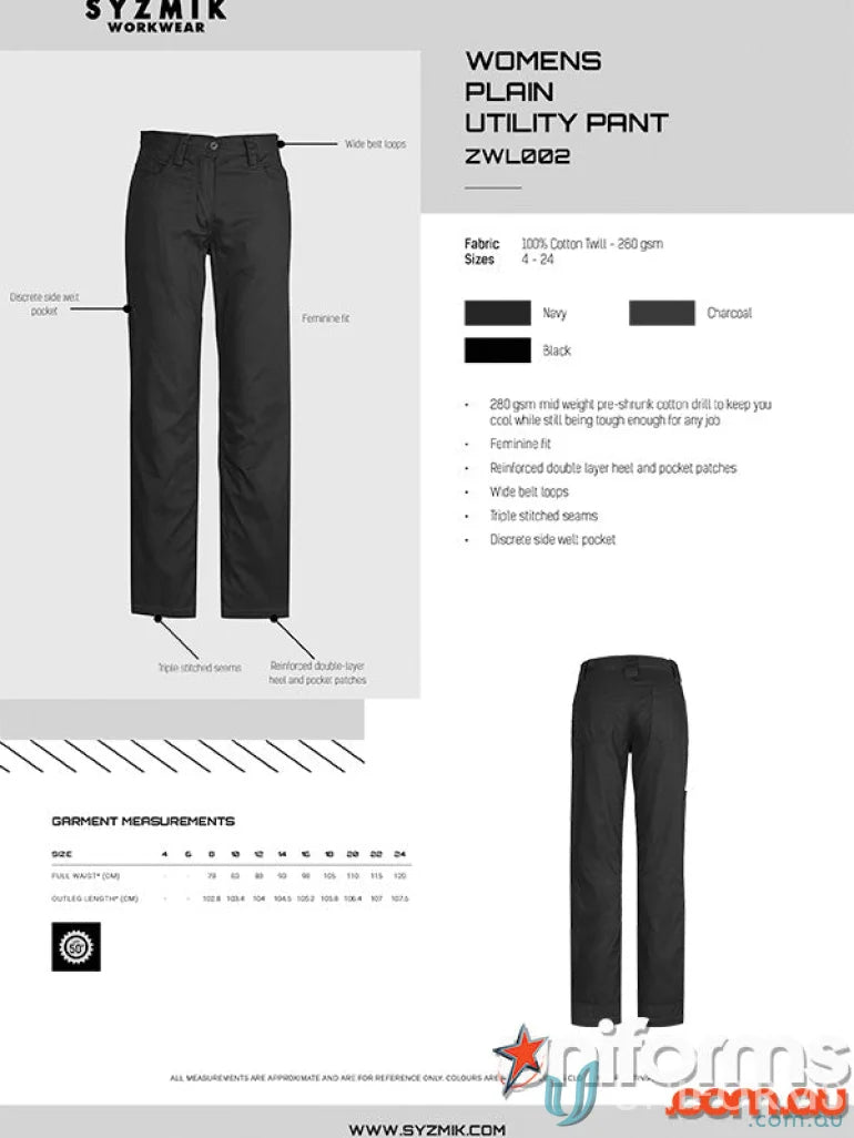 Syzmik Womens Plain Utility Pant ZWL002 for a feminine fit and stay cool all day