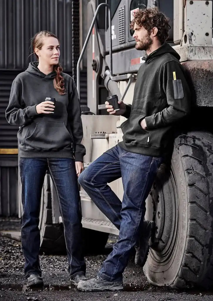 Two people in dark hoodies and jeans wearing Syzmik Womens Stretch Denim Work Jeans